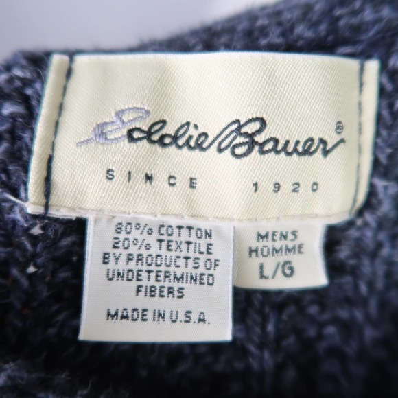 Vintage 90s Eddie Bauer Men's navy blue white stripe cotton knit sweater L - Picture 6 of 6